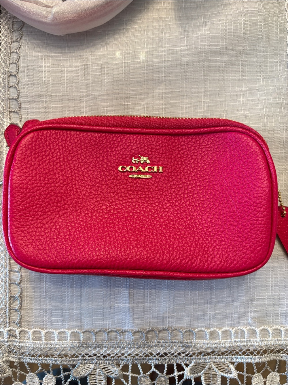 Coach Pebbled Leather small crossbody pouch in Bright Pink